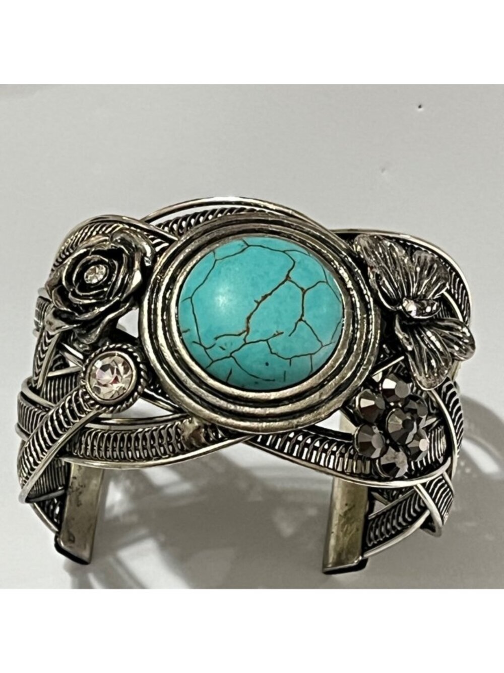 Vintage Silver Tone Cuff Bracelet With Turquoise Stone Floral & Butterfly - Picture 10 of 10